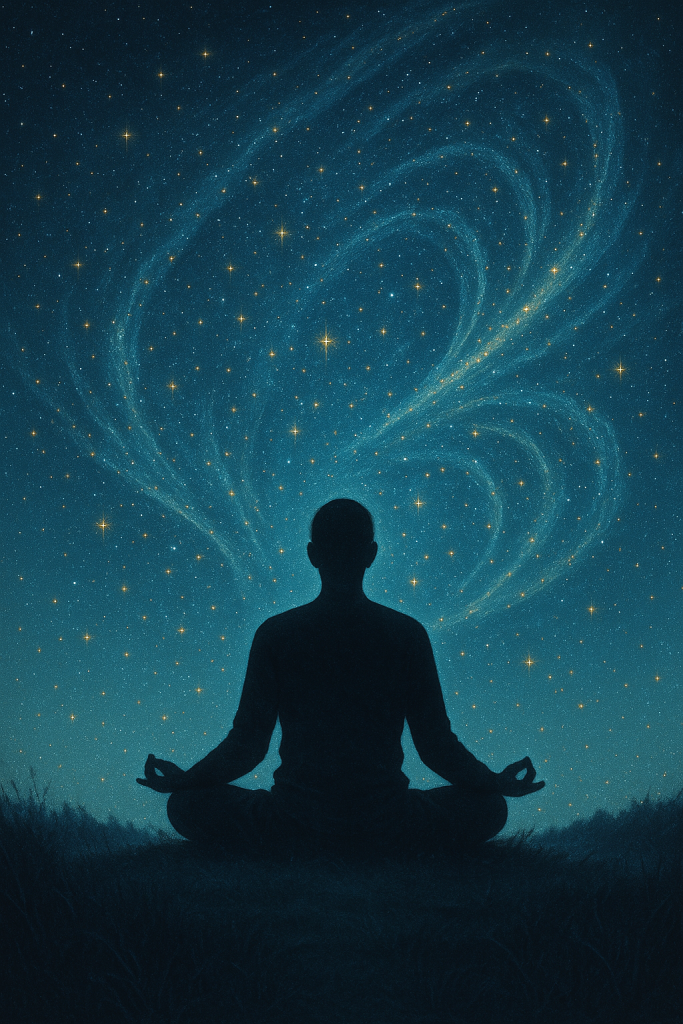 Starseed Awakening Symptoms — Remembering Your Cosmic Origins 2 A person is meditating peacefully under a beautiful night sky, surrounded by starlight or cosmic patterns.